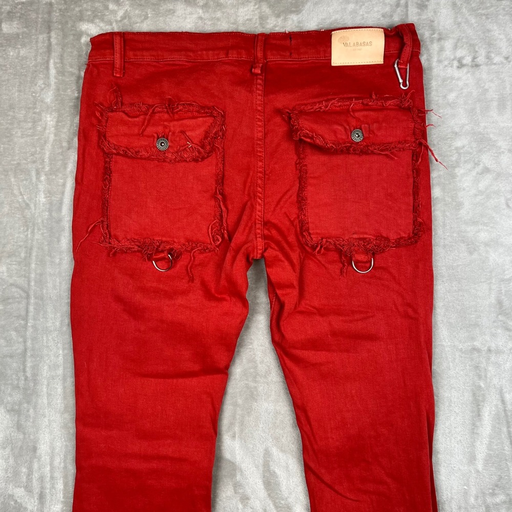 VALABASAS Red Denim Cargo Pants Distressed Ripped D-Ring Flare Leg 38x36 - Picture 13 of 16